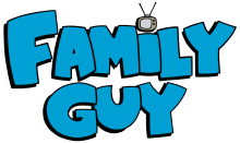 The Family Guy logo: bold blue letters in all caps spelling out "Family Guy" with a small cartoon antenna television used to dot the "i" in "Family"