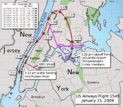 The aircraft headed approximately north after takeoff, then wheeled anti-clockwise to follow the Hudson southwards