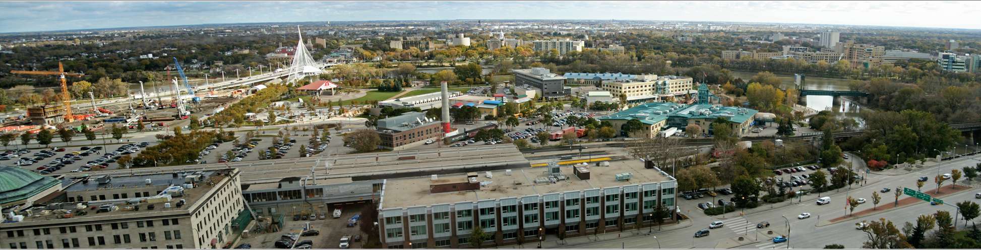 View of The Forks and construction of the Canadian Museum For Human Rights to the left.