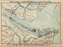 an island map showing (a) fort in the center, and Union batteries on (b) two upriver islands, (c) one on a north coastal island, and (c) eleven east on Tybee Island