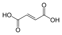 Fumaric acid consists of two double-bonded carbon atoms capped on both sides by carboxylic acid groups C O O H; thus, its chemical formula is C O O H C H C H C O O H. The molecule has two ionizable hydrogen atoms and thus two p K As. The central double bond is in the trans configuration, which holds the two carboxylate groups apart. This contrasts with the cis isomer, maleic acid.