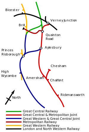 A map shows the joint Great Western route parallel to the Met's Route. A joint railway links the two at Aylesbury; a Great Central Railway links the two before Brill.