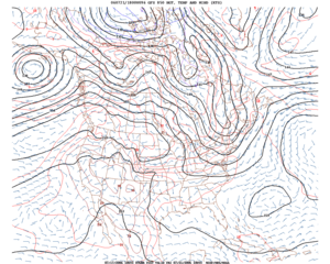 A prognostic chart of the North American continent provides geopotential heights, temperatures, and wind velocities at regular intervals. The values are taken at the altitude corresponding to the 850-millibar pressure surface.