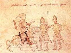 Illuminated manuscript illustration of a man in armour on horseback being captured by two armoured men on foot.