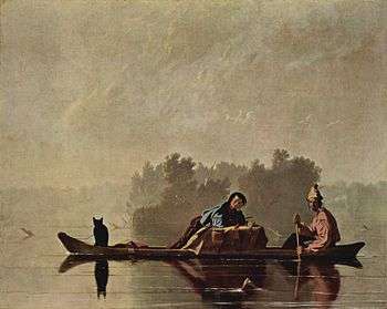 Painting of two figures and a cat on a boat in a placid body of water