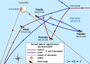 Map of the Nauru region showing the movements of German ships and locations where Allied ships were sunk as described in the article