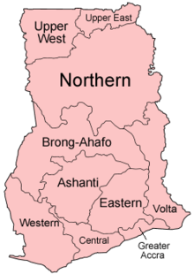 A clickable map of Ghana exhibiting its ten regions.