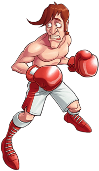 Drawing of a skinny shirtless man with red hair, red boxing gloves, and white-and-red shorts and shoes. He is looking to the left and appears worried.