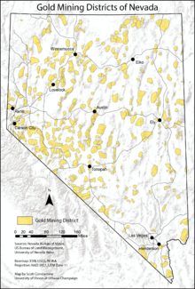  Map of gold mining districts of Nevada, according to Nevada Bureau of Mines.