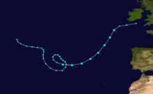 The track of a tropical storm starting over the central Atlantic, completing a counter-clockwise loop, and bending northeastward towards Europe