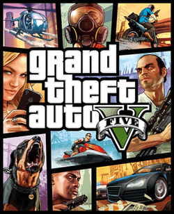 The game's cover art. The text "gRand theFt auto V" is in the centre, with the text "FIVE" written on a banner wrapped around the Roman numeral "V".