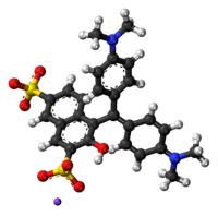 Ball-and-stick model of Green S as a sodium salt