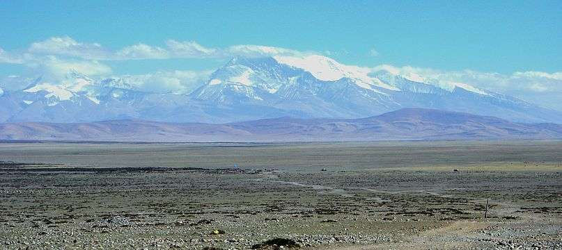 View of the Gurla Mandhata mountain from Darchen over the Barkha plain