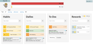 Four sections on a screen, with items below each: Habits, Dailies, To-Dos, and Rewards. There is a health bar above.