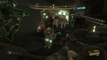 Two armored humans confront a large, bulky alien. Characters and terrain objects in the urban setting are outlined in yellow, red, or green. In the corners of the screen are head-up display information detailing location, health, and ammo.