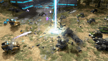 Units battle on a plain. On the left portion of the frame are curved, metallic vehicles and units of the Covenant. On the right are an assortment of human tanks—angular, accented with green. In the background are tall pine trees and a glowing alien structure.