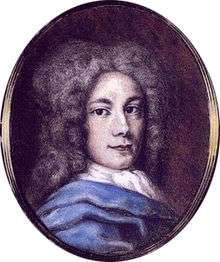 Oval portrait of a young man with long locks, facing the viewer, with a little blue of a jacket and a white scarf showing