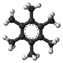 Ball-and-stick model of the hexamethylbenzene molecule