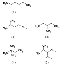 zig-zag models of hexane and four isomers