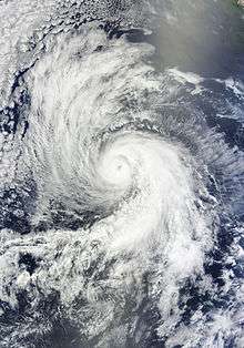 A visible satellite image of a well-defined hurricane with spiral banding and a clear eye.