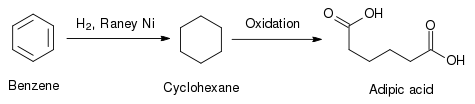 Chemical reaction. Benzene converts to cyclohexane under the action of hydrogen and Raney nickel. Cyclohexane then oxidizes to adipic acid.