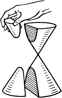 The image shows a double cone in which a geometrical plane has sliced off parts of the top and bottom half; the boundary curve of the slice on the cone is the hyperbola. A double cone consists of two cones stacked point-to-point and sharing the same axis of rotation; it may be generated by rotating a line about an axis that passes through a point of the line.