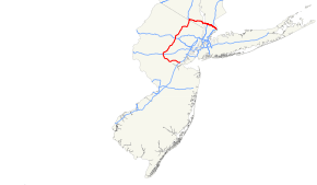 A map showing major roads in New Jersey and southern New York. I-287 runs in a horseshoe from northeastern New Jersey clockwise to the eastern part of southern New York.