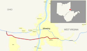 A map indicating the path of the highway through the Wheeling area.