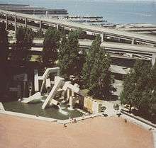 Aerial photo of Vaillancourt Fountain