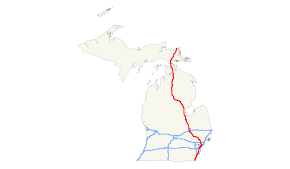 I-75 runs from the southeastern corner of the Lower Peninsula northeasterly to Detroit and then northwesterly and northerly to the Straits of Mackinac. Once across the Mackinac Bridge, it runs northeasterly across the eastern end of the Upper Peninsula to terminate at the Canadian border.