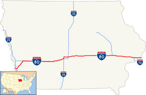 I-80 runs west to east across the middle of Iowa.