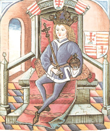 A crowned young man sits on a throne