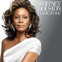 From left to right, the background fades from white to teal. In the foreground, slightly off-center stands an Afro-American woman in a white over-one shoulder dress. She is smiling and her long hair is flowing. In the right hand corner is her the name of the artist, Whitney Houston followed by the title of the album, I Look to You in a simple white font.