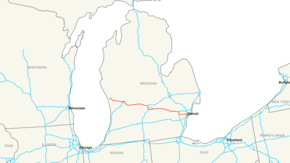 I-96 runs west-northwest to east-southeast across the Lower Peninsula of Michigan