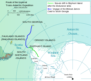  Outline map showing Weddell Sea, Elephant Island and South Georgia with parts of the landmasses of Antarctica and South America. A line indicates the path of the voyage from Elephant Island to South Georgia.