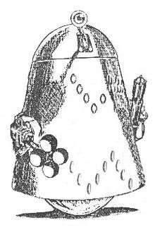 A truncated cone adorned with two encircling rows of small oval markings in a zigzag pattern, topped by a dome and with a large inverted hemisphere for a base. To one side of the cone is attached a device resembling a machine gun and to the other a rod terminating in a group of four spherical objects. Another rod projects from a vertical slot in the front of the dome, terminating in a disc-shaped eyeball.