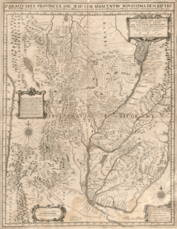 Map showing Jesuit province of Paraguay and neighboring areas, with the main missions and missionary journeys. The Chiquitos missions are depicted in woodlands between the rivers San Miguel in the west and Paraguay to the east. A path leads from Santa Cruz de la Sierra to San Xavier.