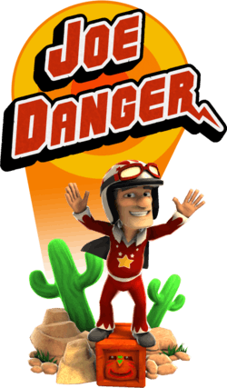 Joe Danger standing in front of the game's logo