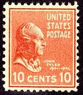 Historical ten-cent stamp with Tyler's profile.