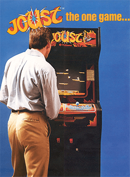 A blue, vertical rectangular poster. The poster depicts a man in a dress shirt and slacks in front of a black arcade cabinet with the title "Joust" displayed on the top portion. Above the cabinet, the poster reads "Joust the one game..." in orange letters.