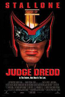 A headshot picture of Judge Dredd, wearing his helmet.