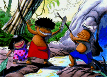 A boy in shorts and wearing a paper hat holds a stick.  He crosses the stick against a wooden sword, held by another boy who wears a red sarong (a wrap-around garment).  A girl in a dress stands behind the sword-wielding boy.