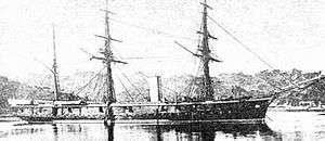 Three-masted armoured warship.