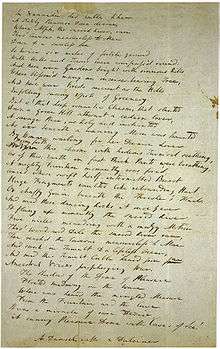 Handwritten copy of the draft of "Kubla Khan"