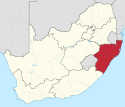 Map showing the location of KwaZulu-Natal in the south-eastern part of South Africa