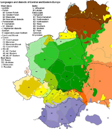 Eastern European countries are shown on a map. The Czech Republic, the westernmost of these, is shaped a bit like a jagged horizontal oval, and it is covered by the color representing the Czech language and, at its borders, a little by languages from Poland and Slovakia.