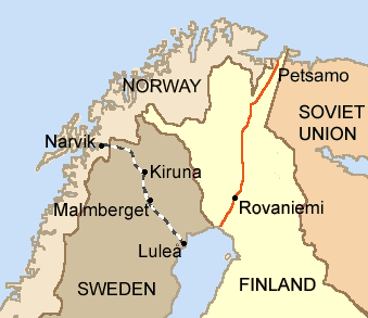 Drawing shows the Allies had two roads to Finland; through Petsamo or through Narvik, Norway.