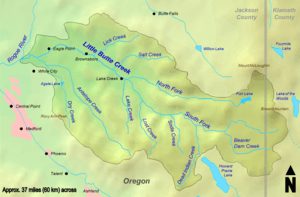 The north fork of Little Butte Creek begins at Fish Lake near Mount McLoughlin. It flows west to its confluence with the south fork, whose headwaters are near Brown Mountain. The creek flows through the towns Lake Creek, Brownsboro, Eagle Point, White City, and enters the Rogue River just west of Eagle Point. The watershed is mostly within Jackson County, with a small eastern portion in Klamath County.