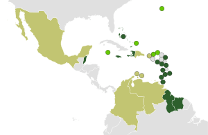 Dark green: Full CARICOM members.Lime green: Associate CARICOM members.Pistachio: Observers.