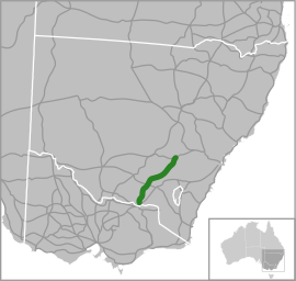 Road map showing a northeast-southwest road in southern New South Wales (west of the Australian Capital Territory)